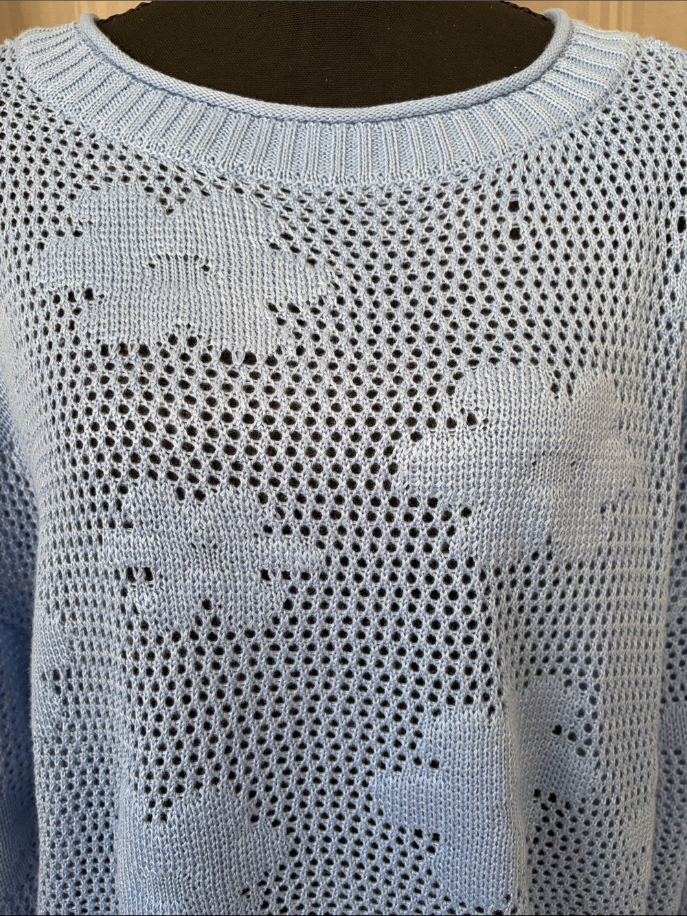 BCX Pastel Blue Floral Open-Knit Scoop Neck Sweater - Picture 3 of 6